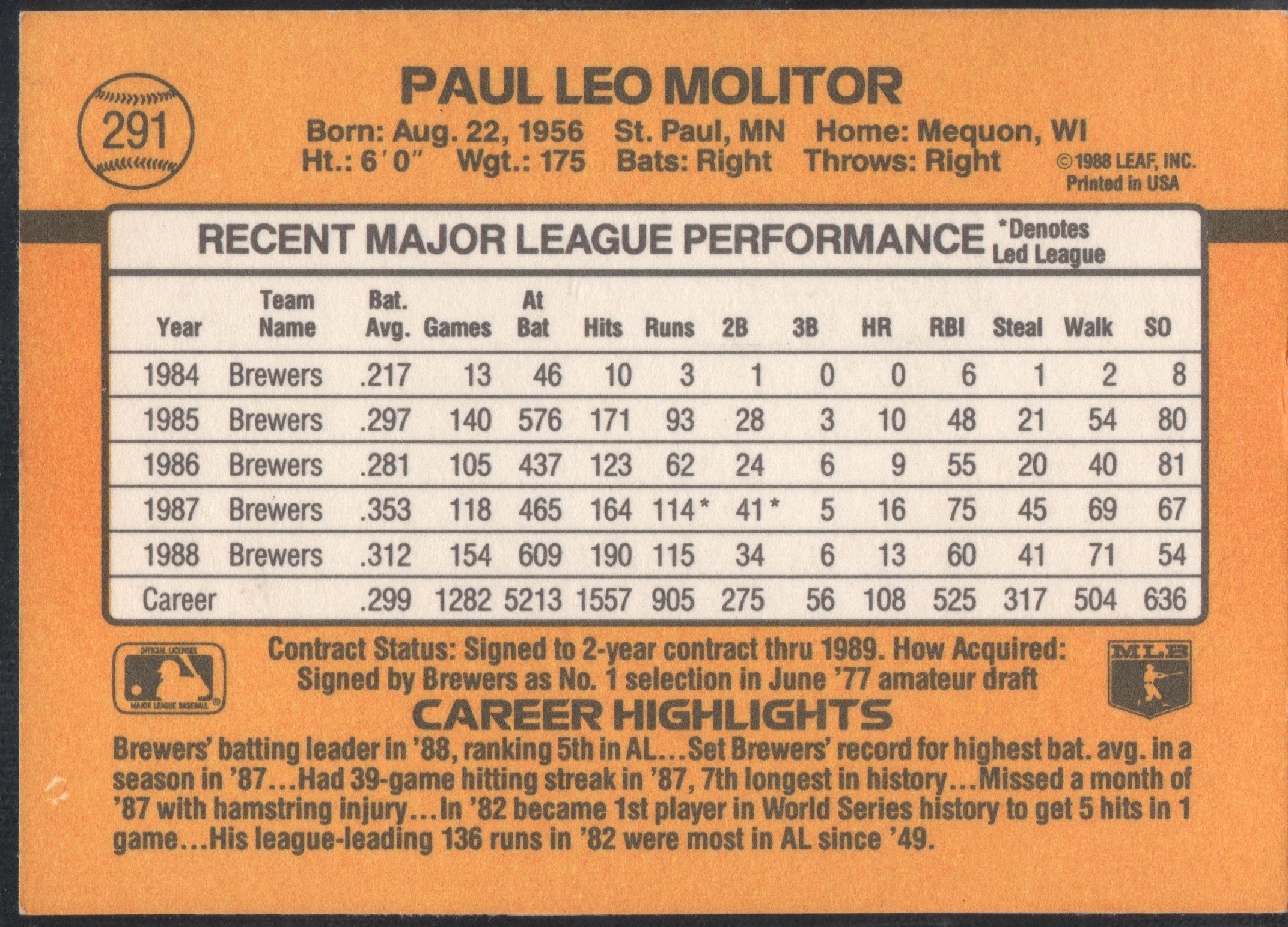 1989 Donruss #291 Paul Molitor Milwaukee Brewers - Image 2