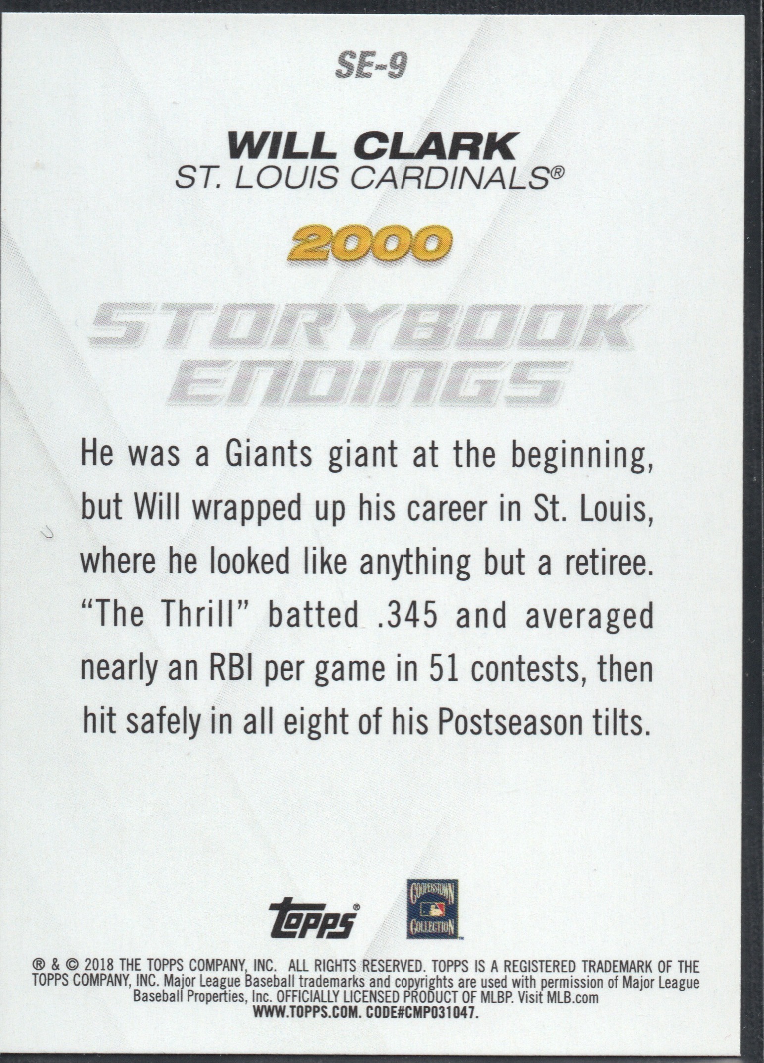 2018 Topps Storybook Endings SE-9 Will Clark Cardinals - Image 2