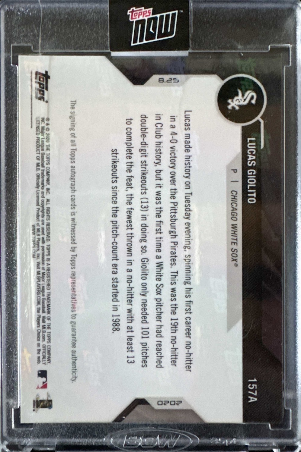 2020 Topps Now 157A Lucas Giolito On-Card Auto 39/99 White Sox No-Hitter - Image 2