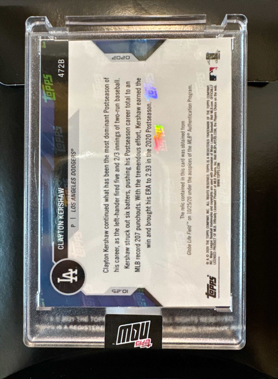 2020 Topps Now 472B Clayton Kershaw World Series Game-Used Base Relic /49 Dodgers - Image 2