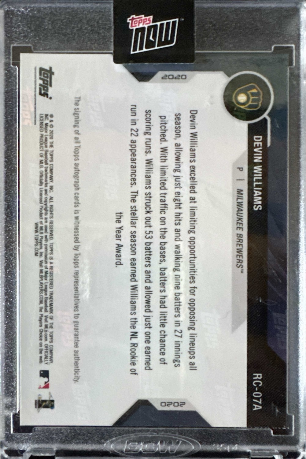 2020 Topps Now RC-07A Devin Williams RC On-Card Auto 11/99 Brewers - Image 2