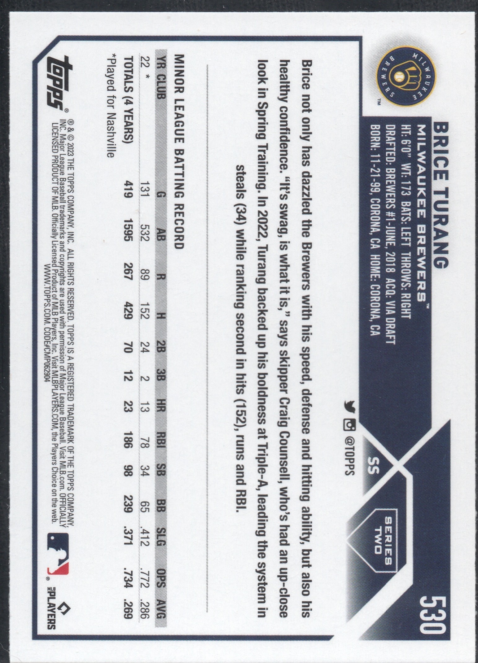 2023 Topps Series 2 #530 Brice Turang RC Brewers - Image 2