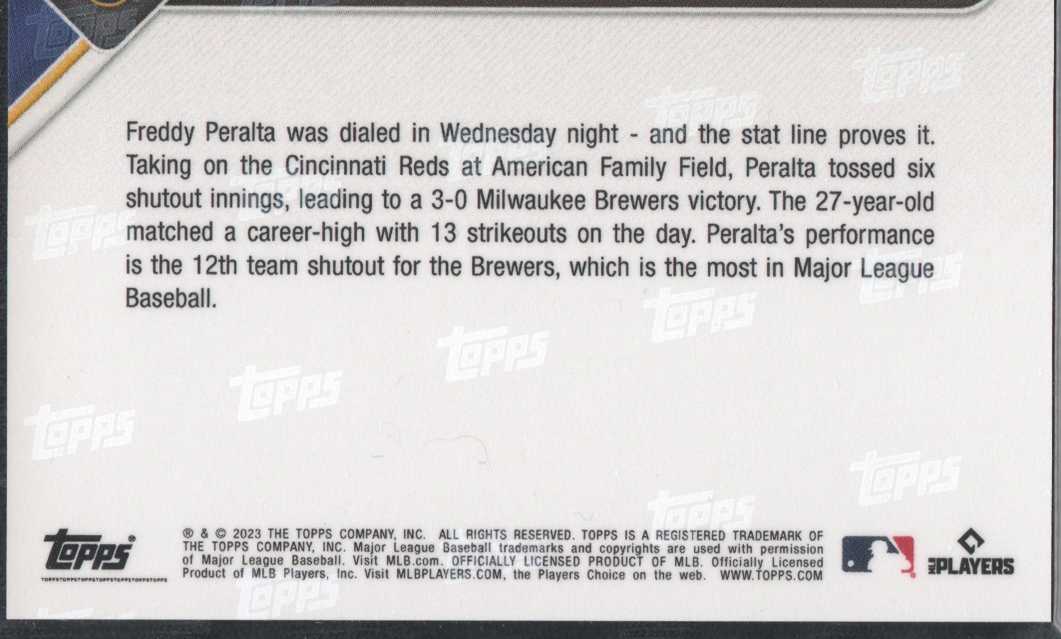 2023 Topps Now #621 Freddy Peralta Brewers Ties Career-High 13 Strikeouts - Image 2