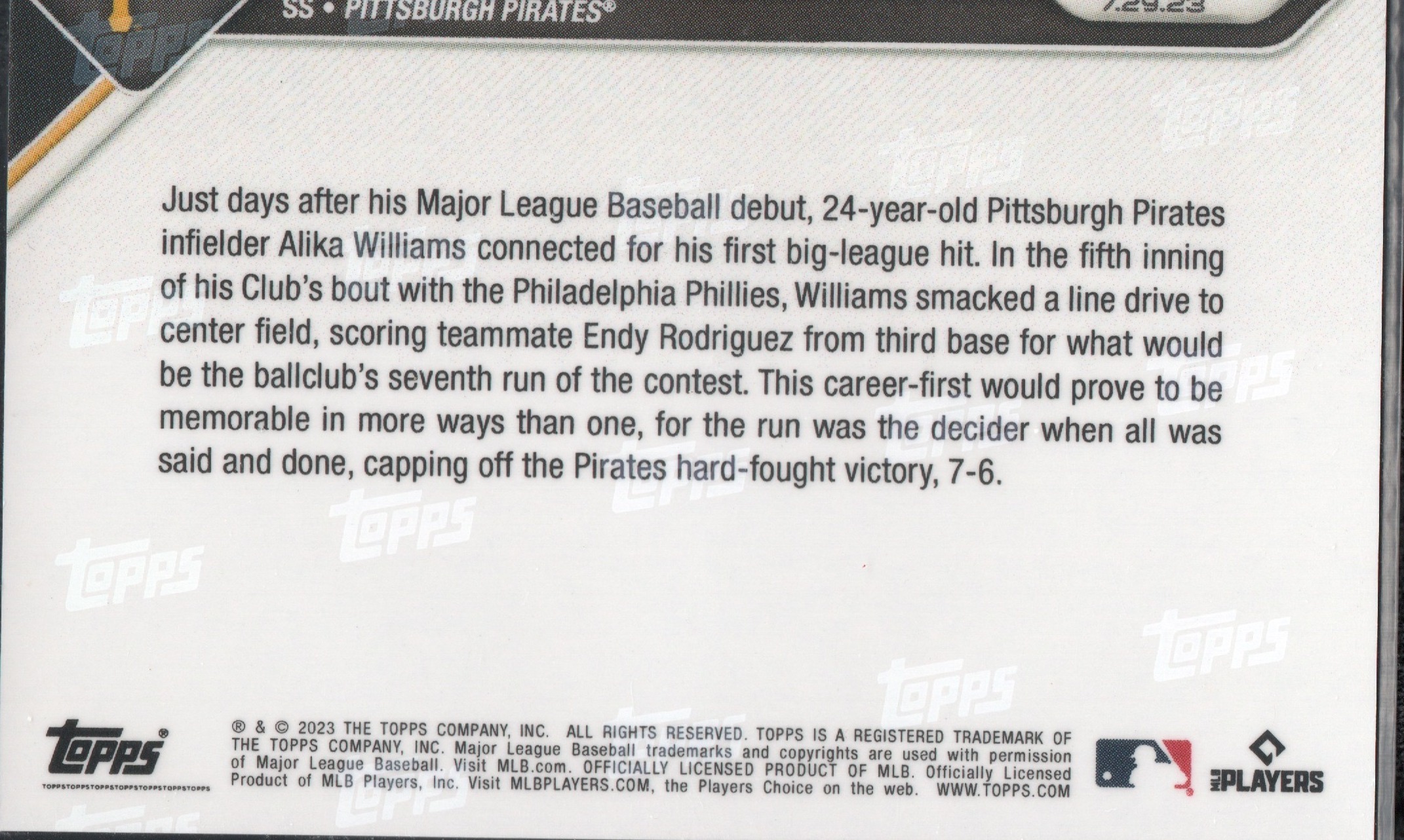 2023 Topps Now #631 Alika Williams Pirates First MLB Hit Drives In The Winner - Image 2