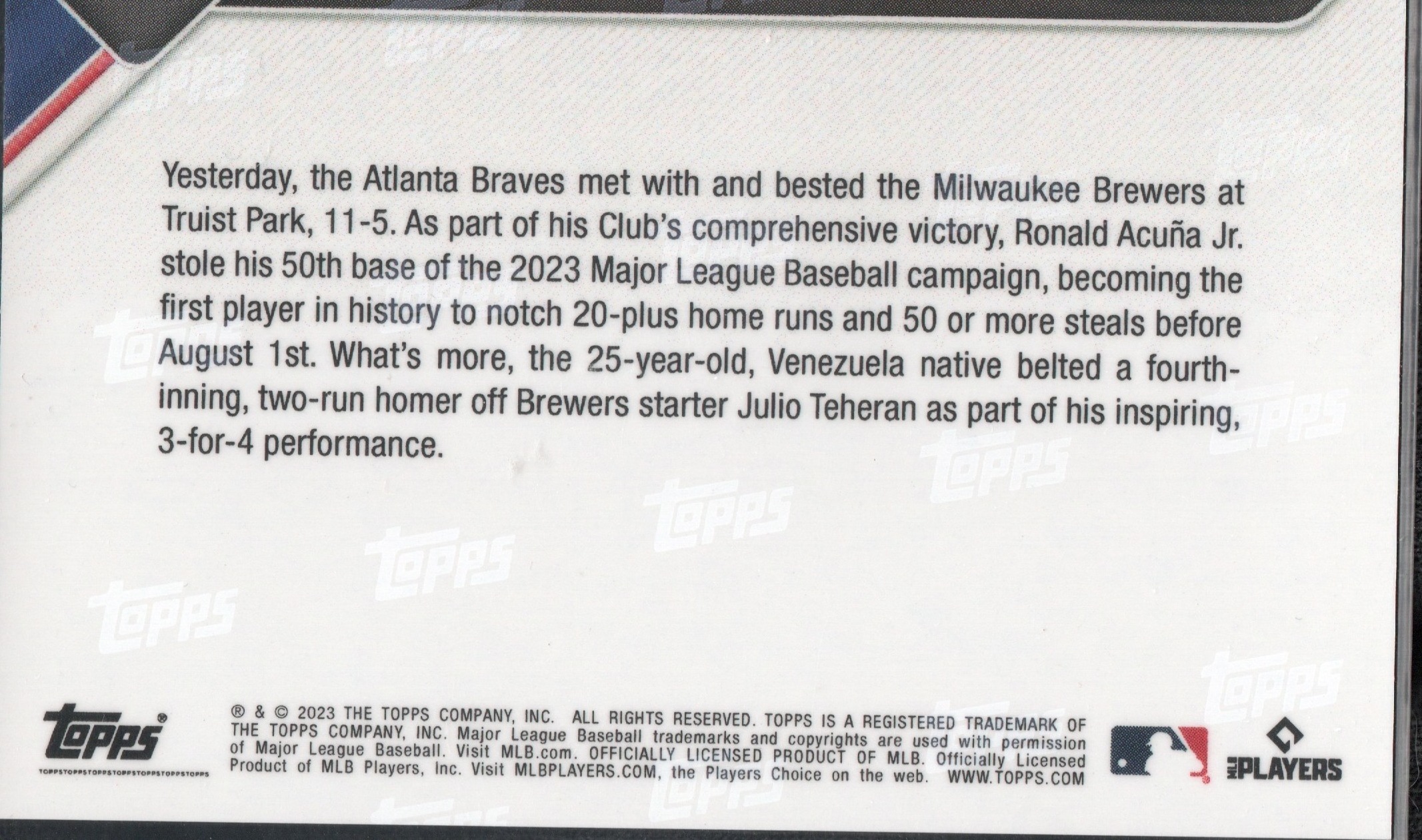 2023 Topps Now #633 Ronald Acuna Jr. Braves First 50 SB / 20 HR Before August - Image 2