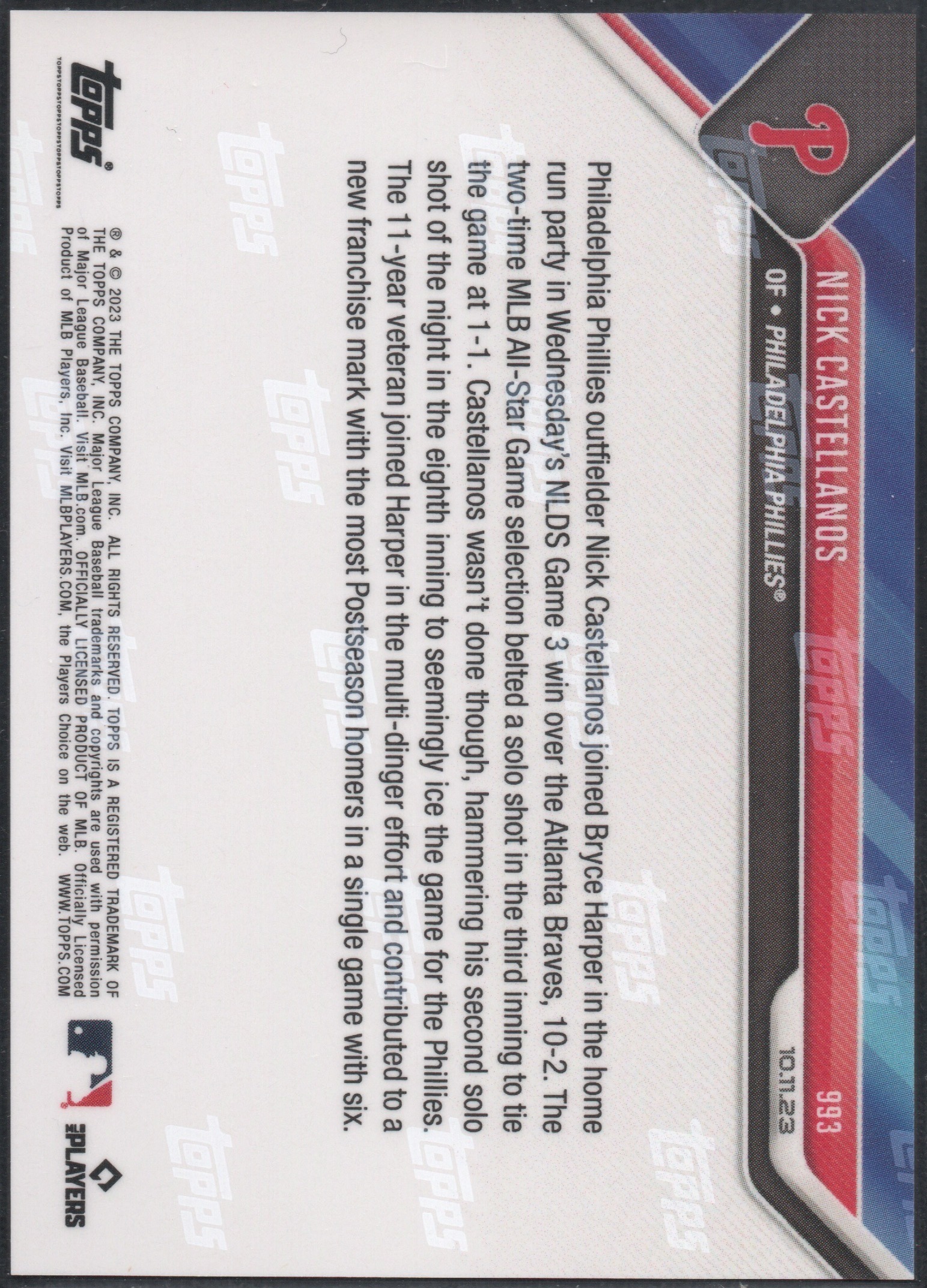 2023 Topps Now #993 Nick Castellanos Phillies NLDS Two Home Runs - Image 2