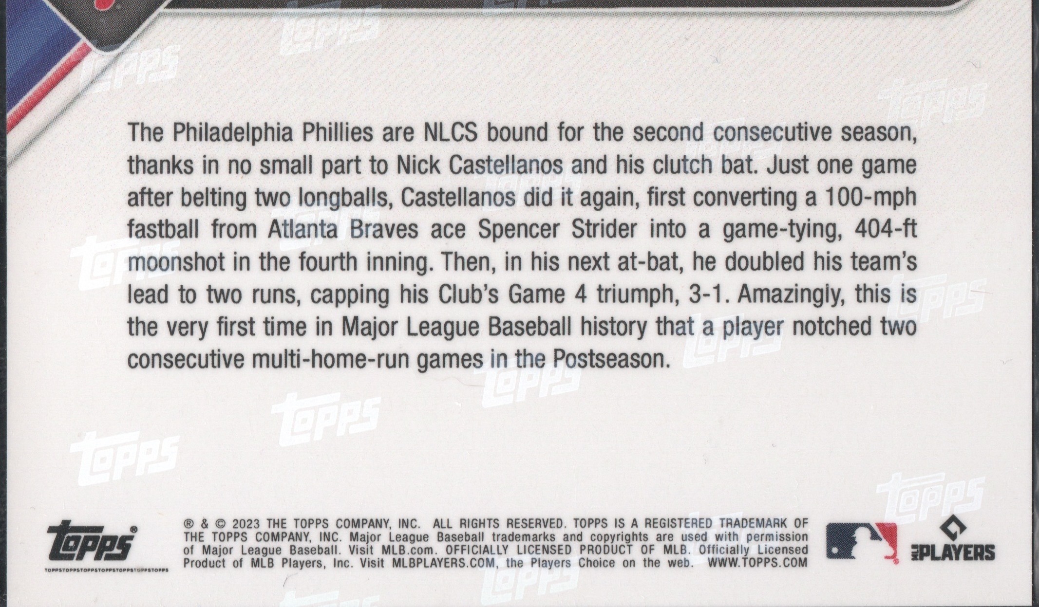 2023 Topps Now #999 Nick Castellanos Phillies First With Back-to-Back Multi-HR Postseason Games - Image 2
